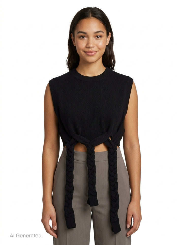 Enfold black ribbed knit cropped sleeveless vest with three braided fabric rope extensions hanging from the deconstructed hem, displayed flat on a white background - front