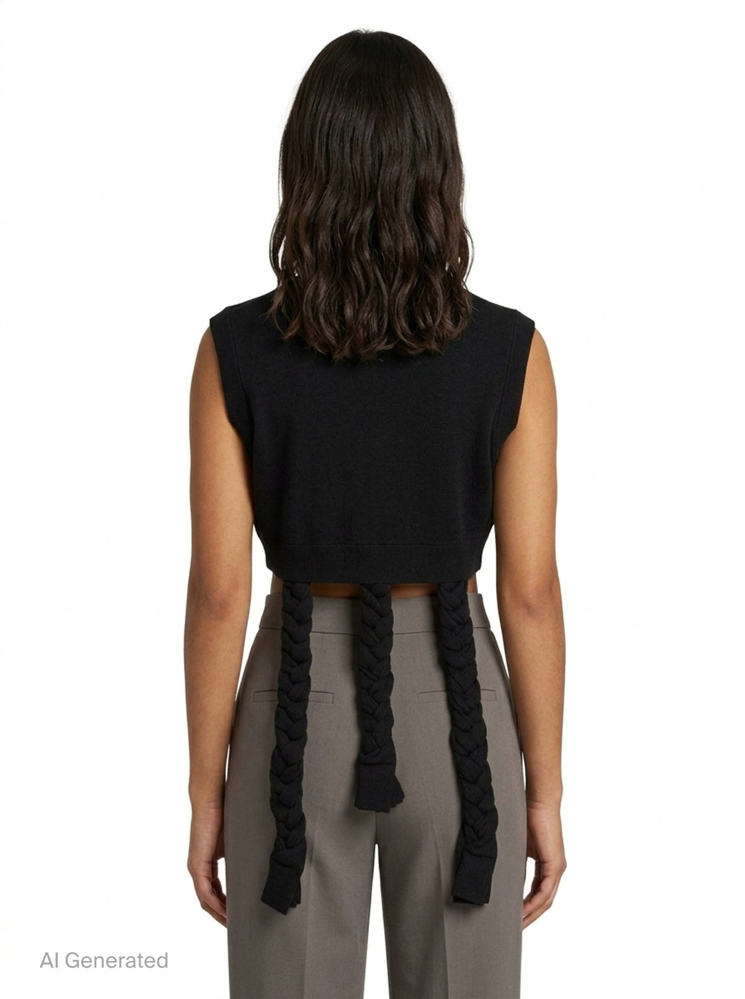 Enfold black ribbed knit cropped sleeveless vest with three braided fabric rope extensions hanging from the deconstructed hem, displayed flat on a white background - back