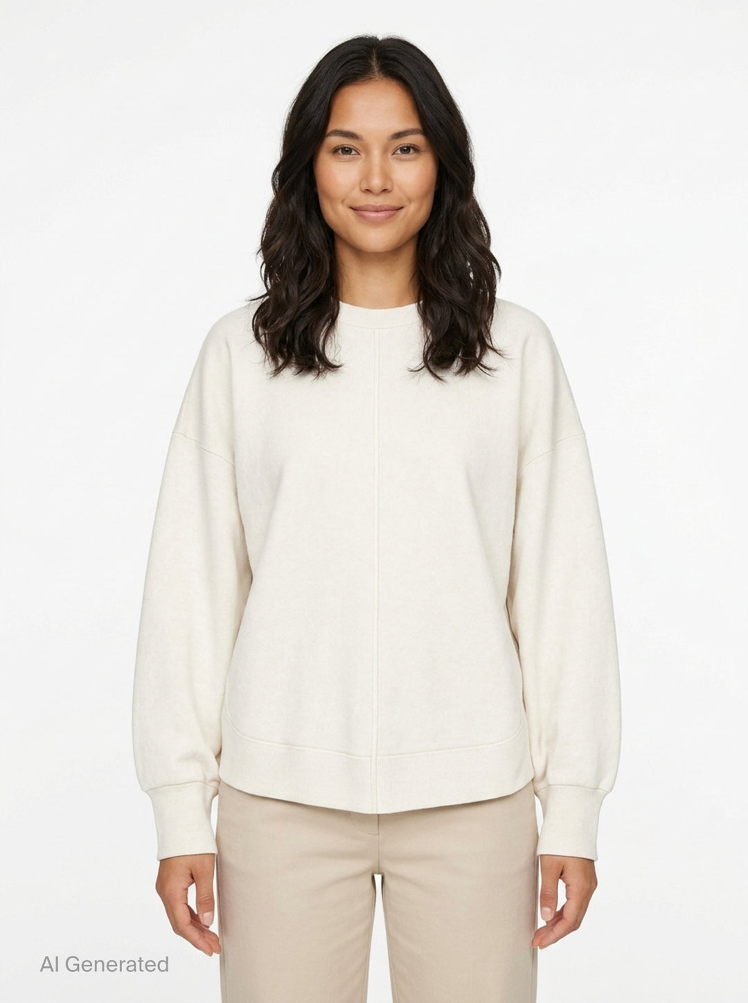 Enfold Circle Hem Pullover Sweatshirt in ivory with oversized silhouette, tonal seam detailing, ribbed cuffs and crewneck with woven brand label - front