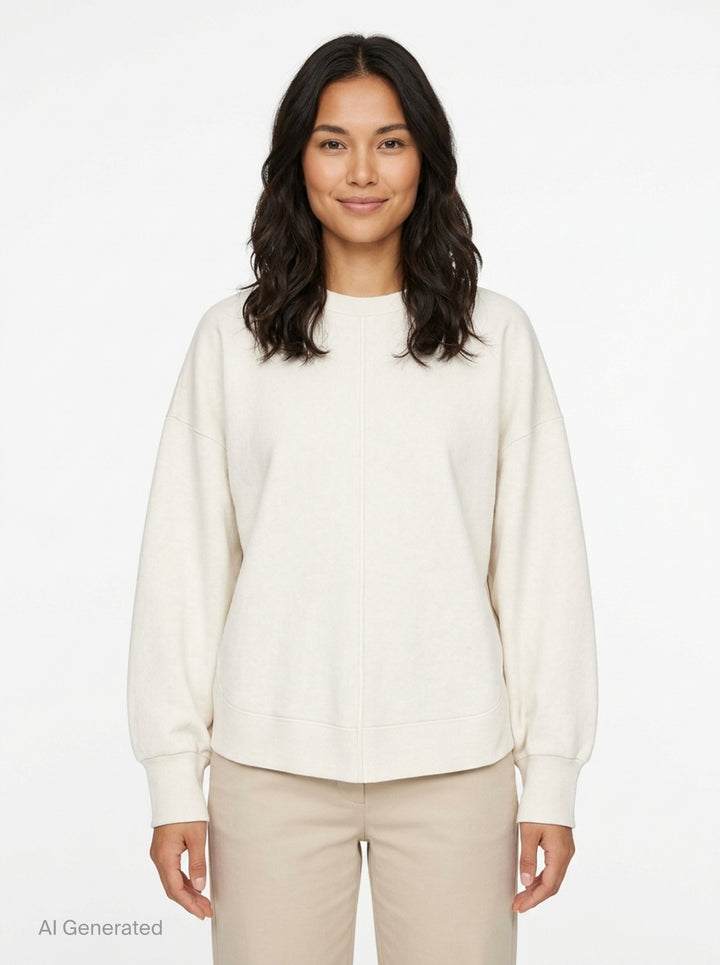 Enfold Circle Hem Pullover Sweatshirt in ivory with oversized silhouette, tonal seam detailing, ribbed cuffs and crewneck with woven brand label - front