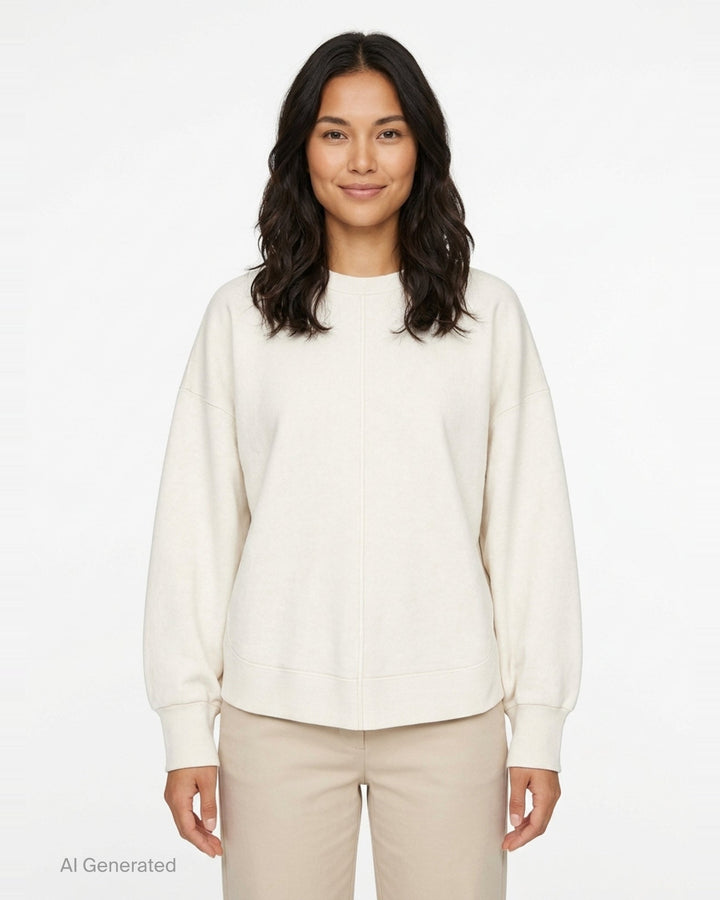 Enfold Circle Hem Pullover Sweatshirt in ivory with oversized silhouette, tonal seam detailing, ribbed cuffs and crewneck with woven brand label - front