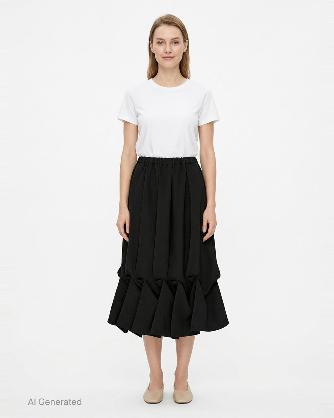 Enfold Draped Hem Midi Skirt in black, featuring vertical pleating, elasticated waistband, and a sculptural gathered ruffle hem, shown on a white background - front