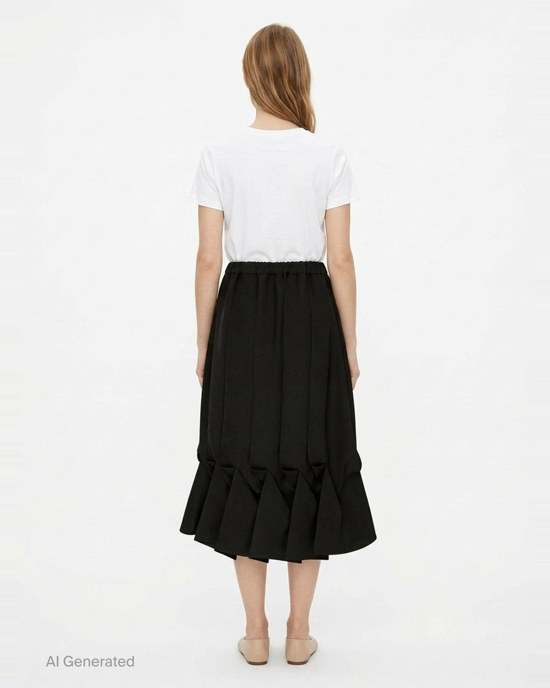 Enfold Draped Hem Midi Skirt in black, featuring vertical pleating, elasticated waistband, and a sculptural gathered ruffle hem, shown on a white background - back