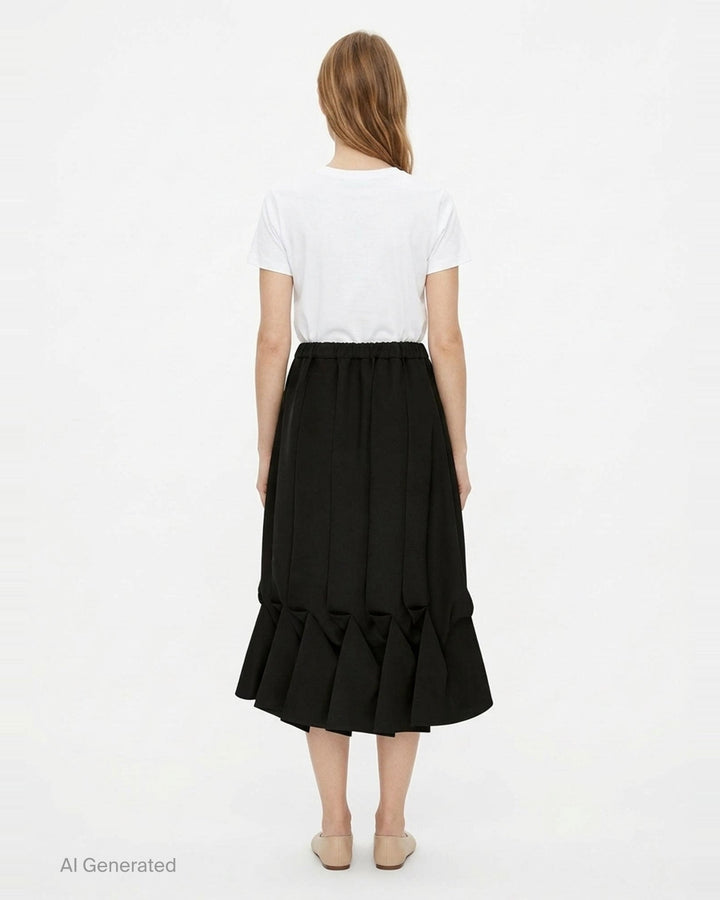 Enfold Draped Hem Midi Skirt in black, featuring vertical pleating, elasticated waistband, and a sculptural gathered ruffle hem, shown on a white background - back