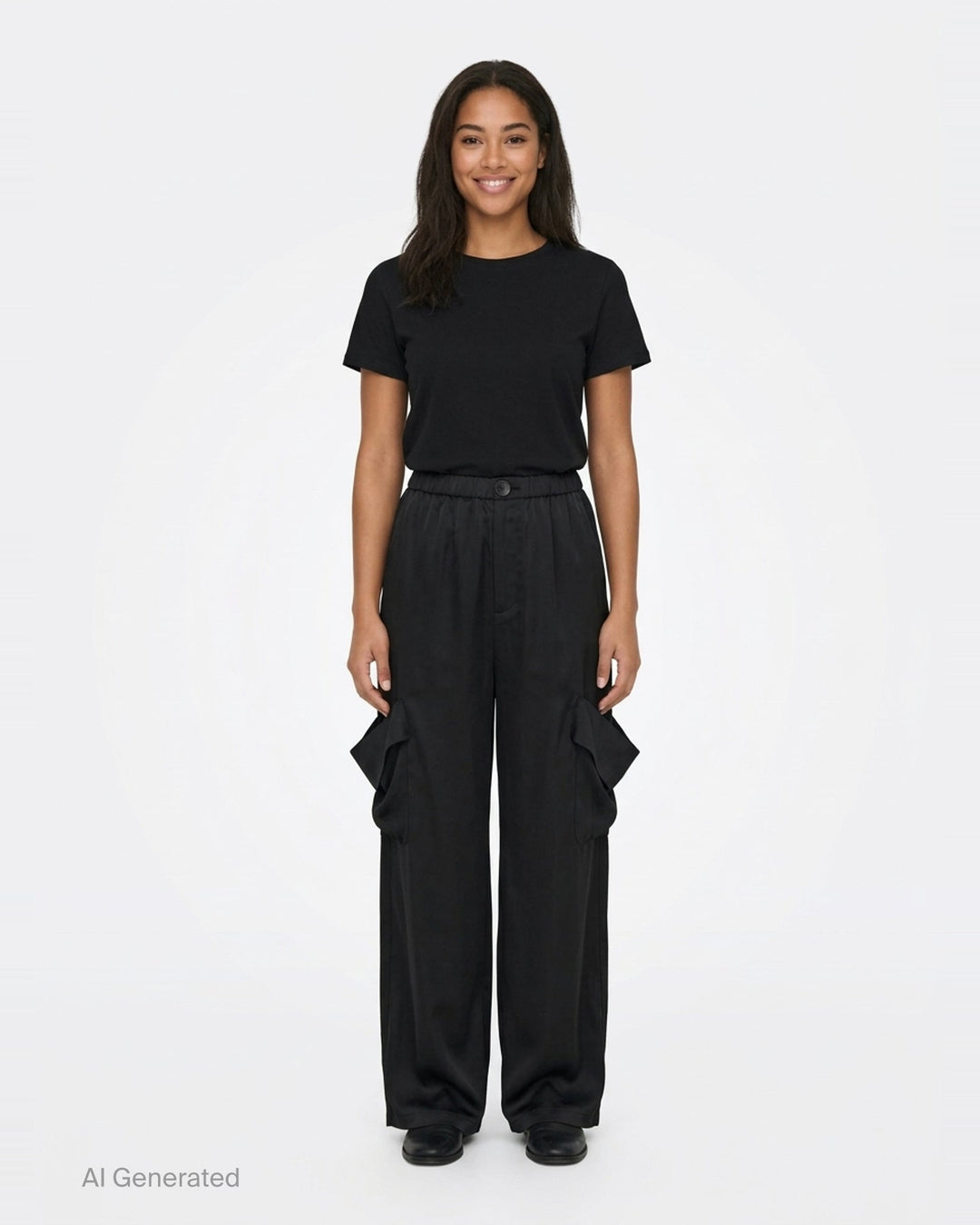 Enfold Draped Pocket Pants in black — wide-leg trousers with sculptural draped hip pockets and elasticated waistband, front view - front