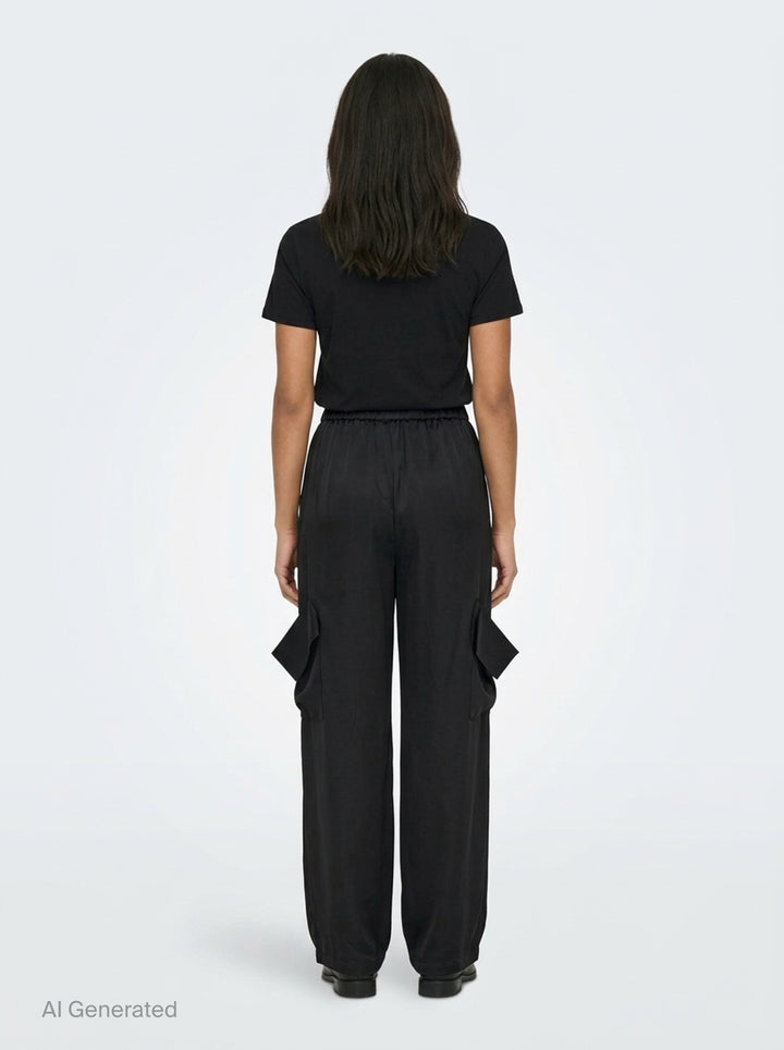 Enfold Draped Pocket Pants in black — wide-leg trousers with sculptural draped hip pockets and elasticated waistband, front view - back