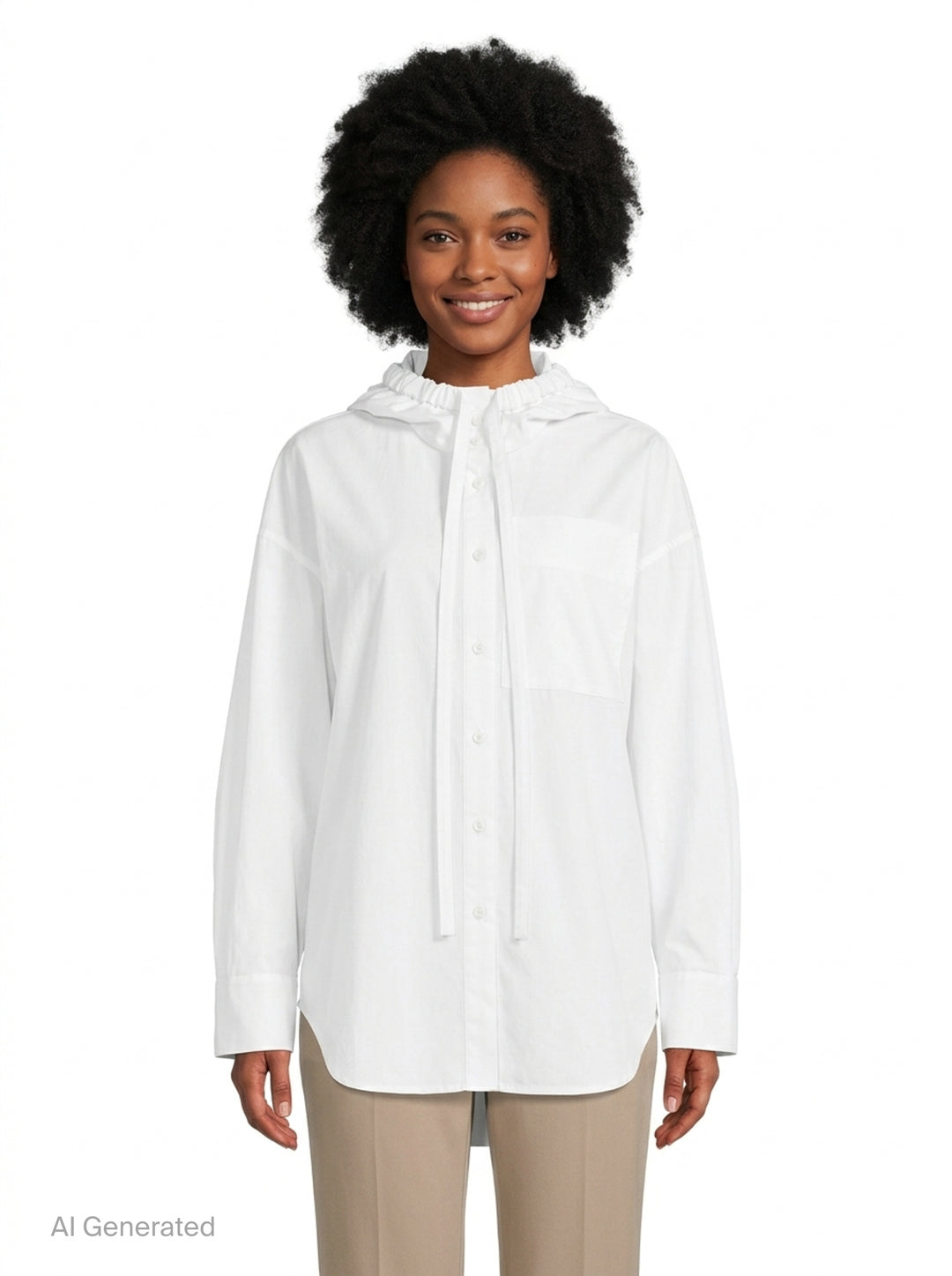 Enfold white oversized hooded button-up shirt with elasticated gathered hood, tonal buttons, long drawstring ties, and a single chest patch pocket - front