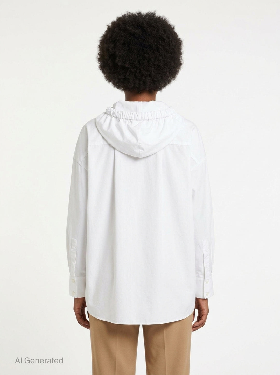 Enfold white oversized hooded button-up shirt with elasticated gathered hood, tonal buttons, long drawstring ties, and a single chest patch pocket - back