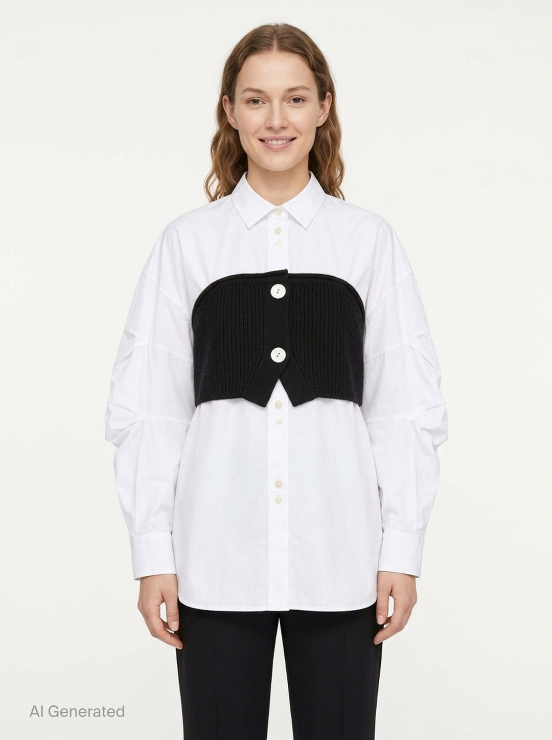 Enfold Knitted Docking Shirt — white cotton poplin long-sleeve shirt with integrated black ribbed knit bandeau panel featuring mother-of-pearl buttons and ruched sleeves, flat lay on white background - front