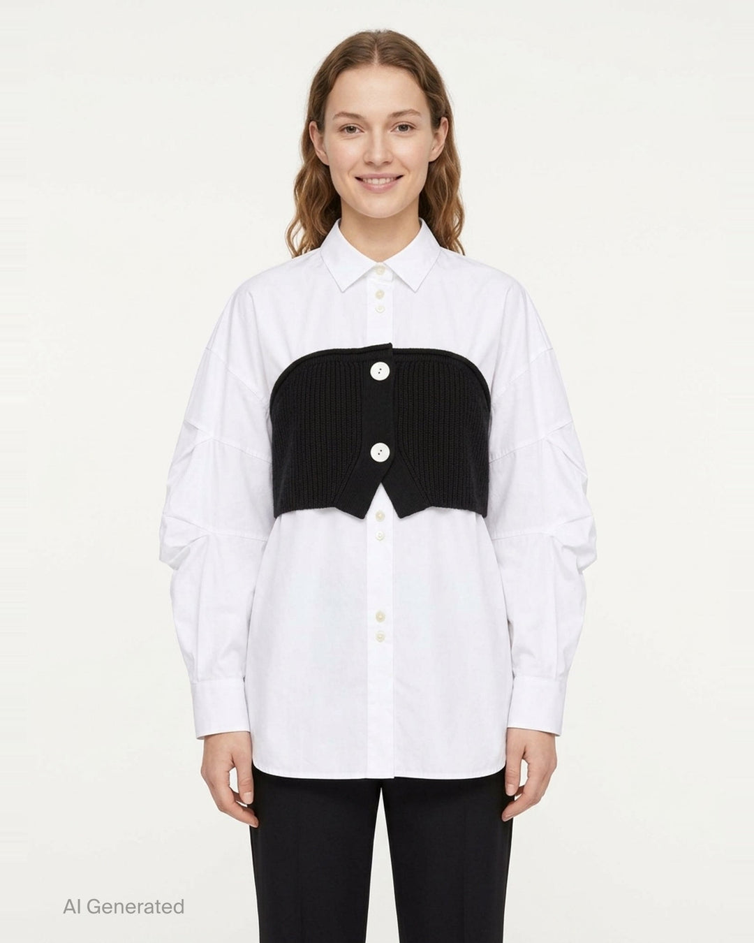 Enfold Knitted Docking Shirt — white cotton poplin long-sleeve shirt with integrated black ribbed knit bandeau panel featuring mother-of-pearl buttons and ruched sleeves, flat lay on white background - front