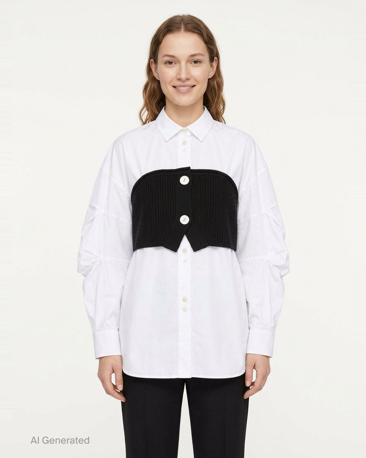 Enfold Knitted Docking Shirt — white cotton poplin long-sleeve shirt with integrated black ribbed knit bandeau panel featuring mother-of-pearl buttons and ruched sleeves, flat lay on white background - front