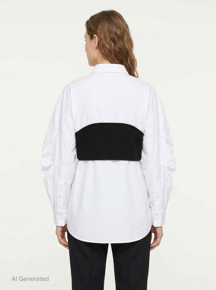 Enfold Knitted Docking Shirt — white cotton poplin long-sleeve shirt with integrated black ribbed knit bandeau panel featuring mother-of-pearl buttons and ruched sleeves, flat lay on white background - back