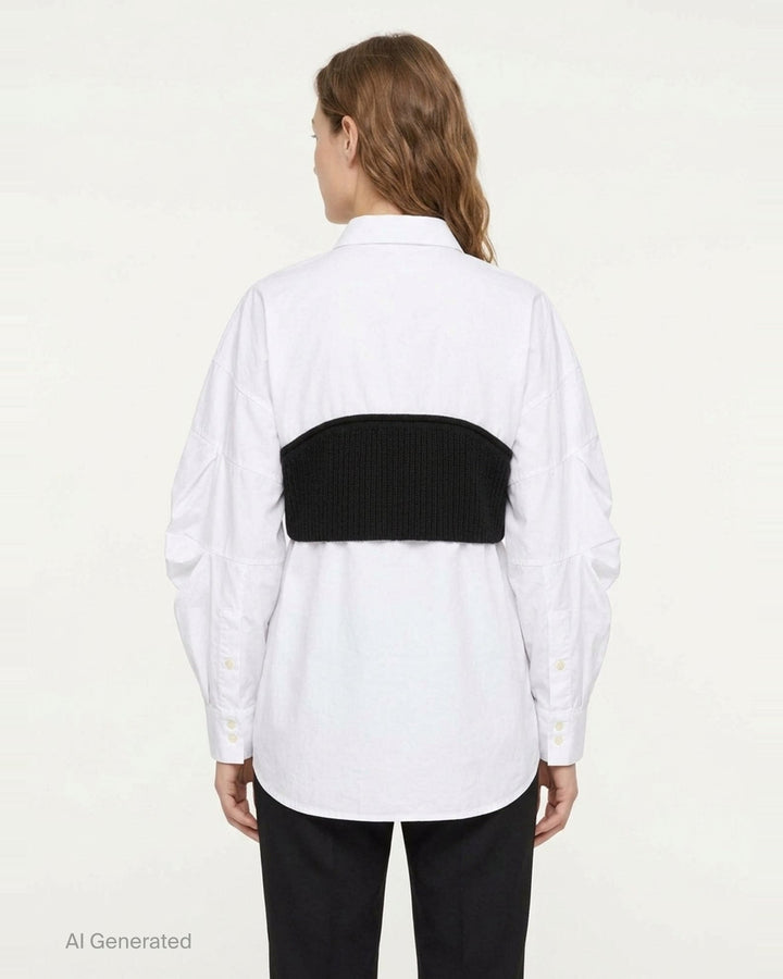 Enfold Knitted Docking Shirt — white cotton poplin long-sleeve shirt with integrated black ribbed knit bandeau panel featuring mother-of-pearl buttons and ruched sleeves, flat lay on white background - back