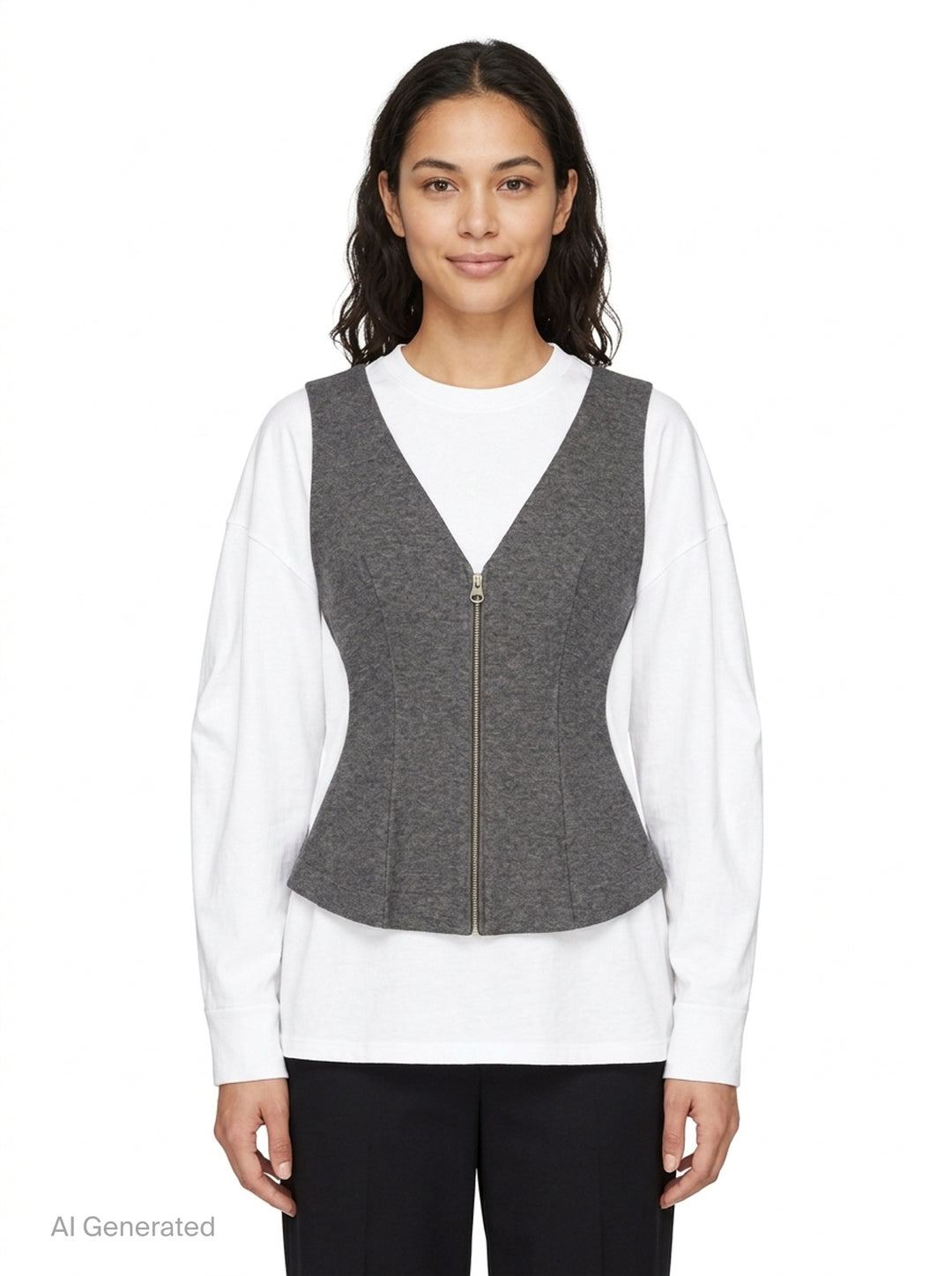 Enfold layered long sleeve tee featuring a white crew-neck underlayer with a structured grey heathered zip-front peplum vest overlay, displayed flat on a white background - front