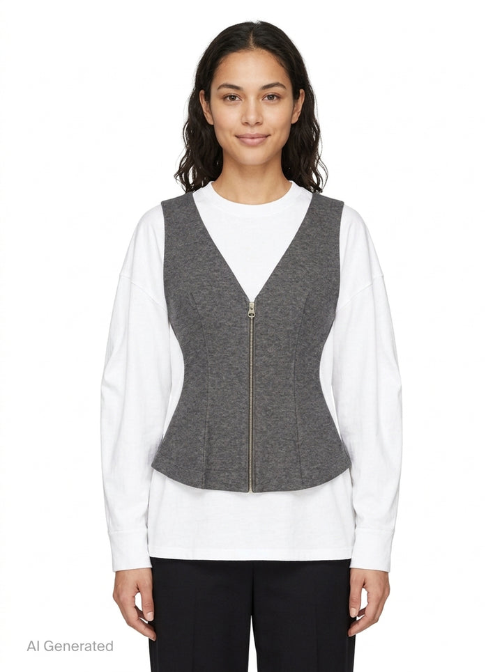 Enfold layered long sleeve tee featuring a white crew-neck underlayer with a structured grey heathered zip-front peplum vest overlay, displayed flat on a white background - front