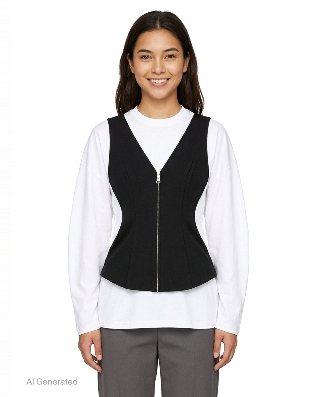 Enfold layered long sleeve tee featuring a white crew-neck underlayer with a structured grey heathered zip-front peplum vest overlay, displayed flat on a white background - front
