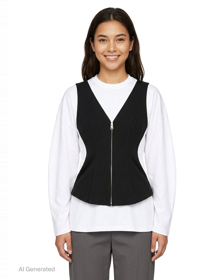 Enfold layered long sleeve tee featuring a white crew-neck underlayer with a structured grey heathered zip-front peplum vest overlay, displayed flat on a white background - front
