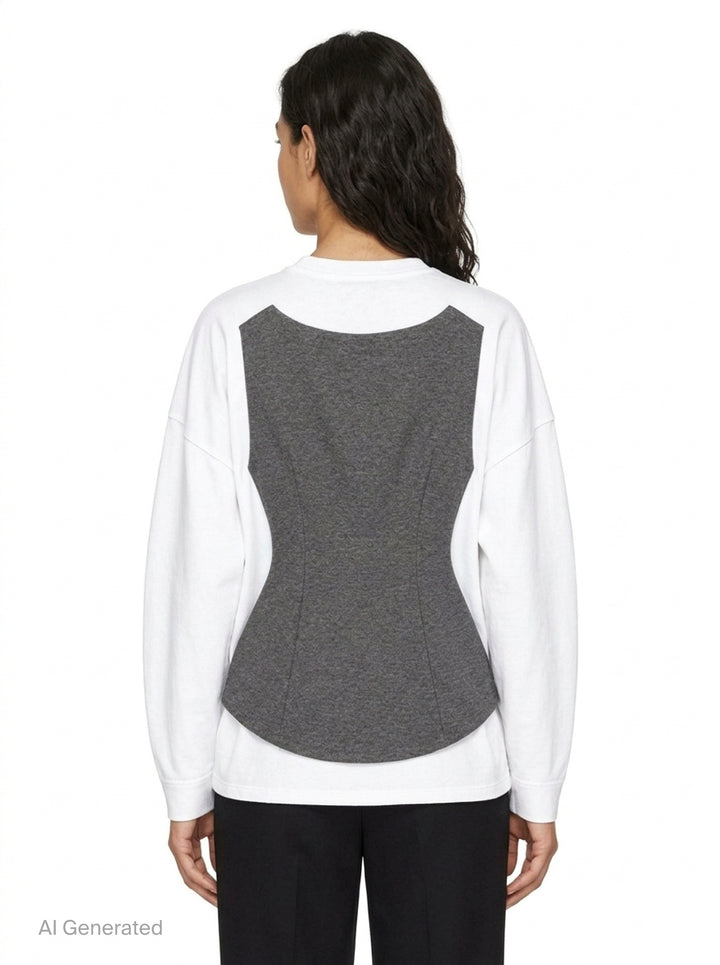 Enfold layered long sleeve tee featuring a white crew-neck underlayer with a structured grey heathered zip-front peplum vest overlay, displayed flat on a white background - back