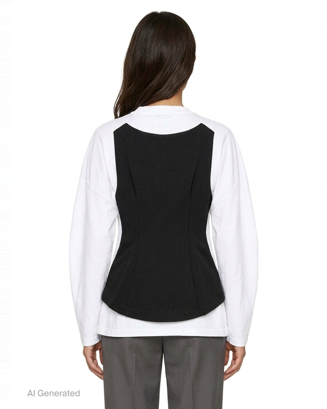 Enfold layered long sleeve tee featuring a white crew-neck underlayer with a structured grey heathered zip-front peplum vest overlay, displayed flat on a white background - back