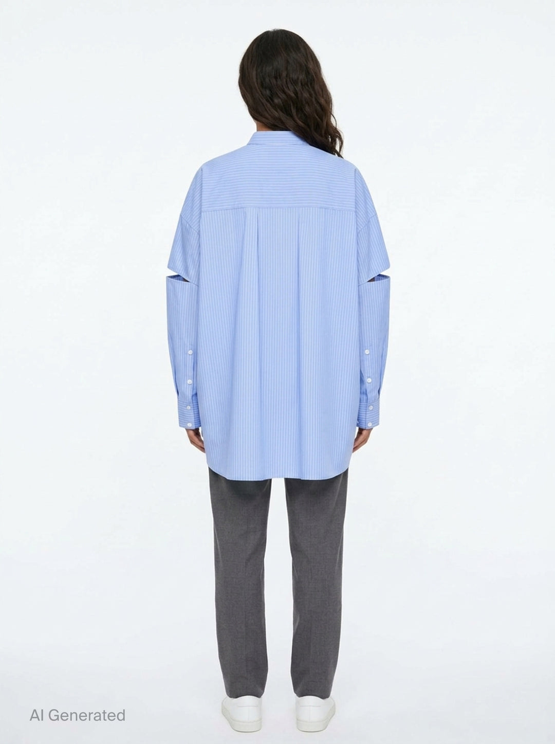 Enfold pale blue pinstripe oversized shirt with deconstructed cut-out sleeves, mandarin collar, white button placket, and a contrast white underlayer at the hem - back