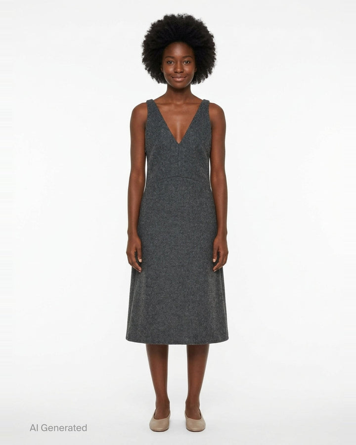 Enfold Sculpted Hem Dress in dark grey heathered wool-blend, featuring a deep V-neckline, broad shoulder straps, empire seam, and A-line silhouette with a flared hem — flat lay on white background - front