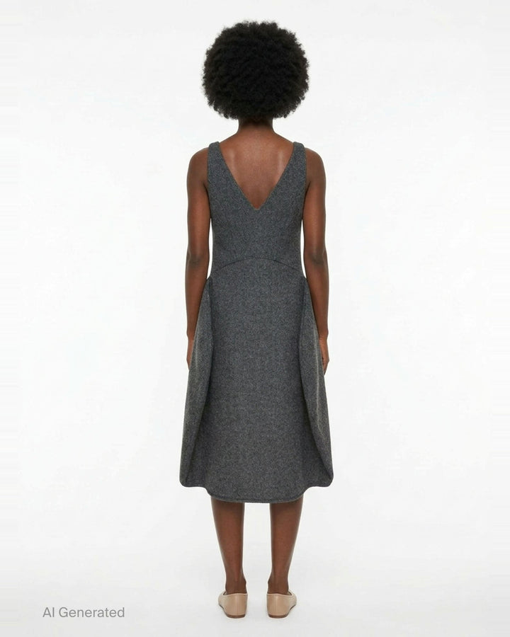 Enfold Sculpted Hem Dress in dark grey heathered wool-blend, featuring a deep V-neckline, broad shoulder straps, empire seam, and A-line silhouette with a flared hem — flat lay on white background - back