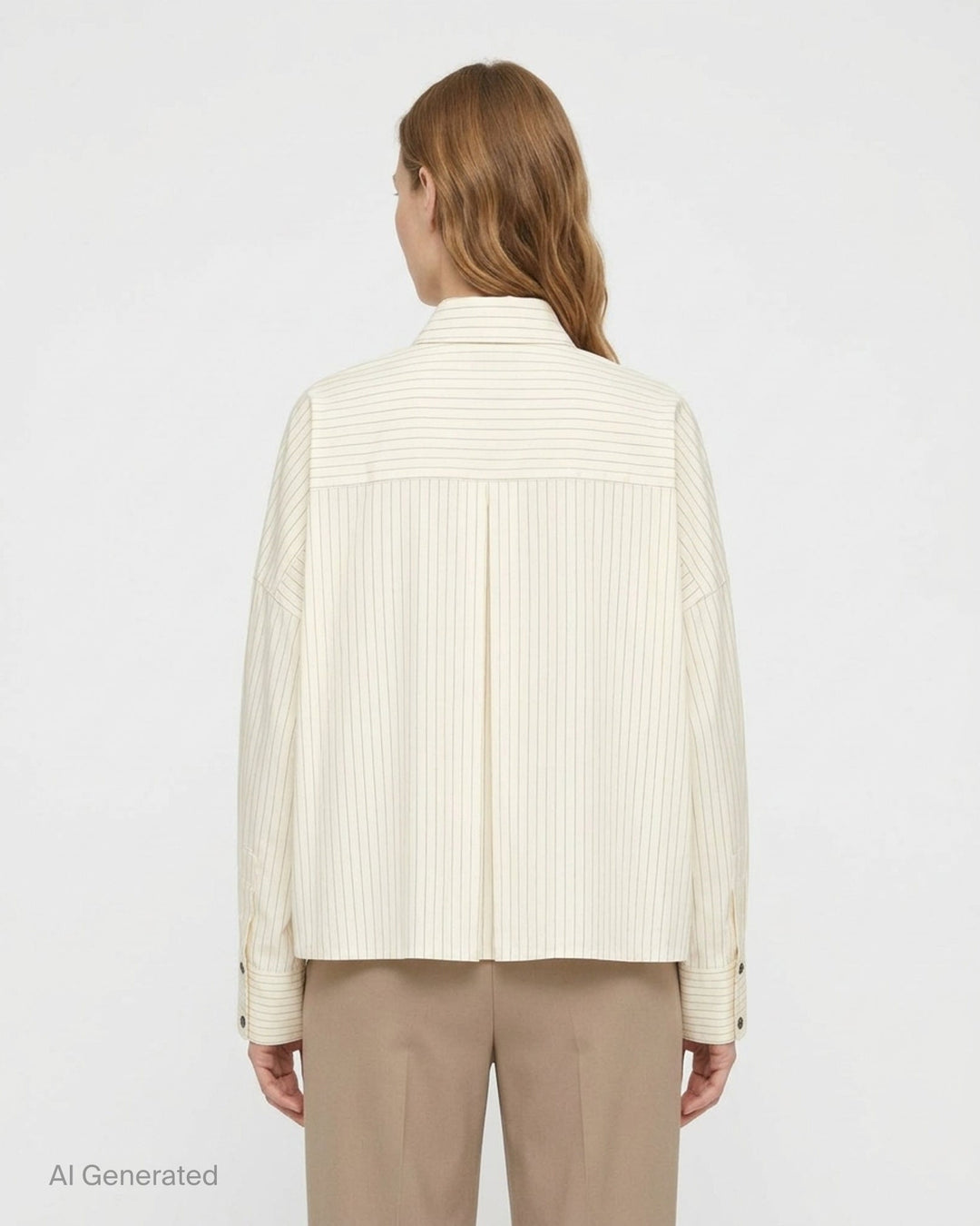 Enfold Striped Wide Tucked Shirt in cream pinstripe fabric, featuring asymmetric layered tuck panels across the front, a point collar, gunmetal buttons, and wide cuffed long sleeves - back