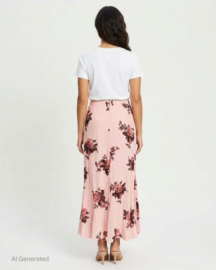 Erdem pink crushed satin midi skirt with all-over burgundy and coral rose print and draped flared hem - back