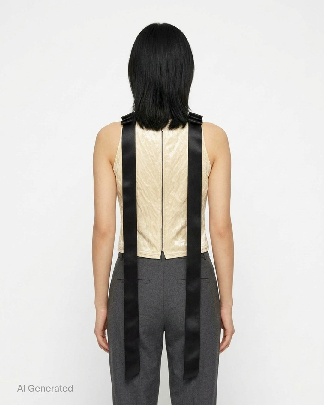 Erdem cream satin sleeveless top with floral crystal embellishment and long black satin ribbon straps at the shoulders - back