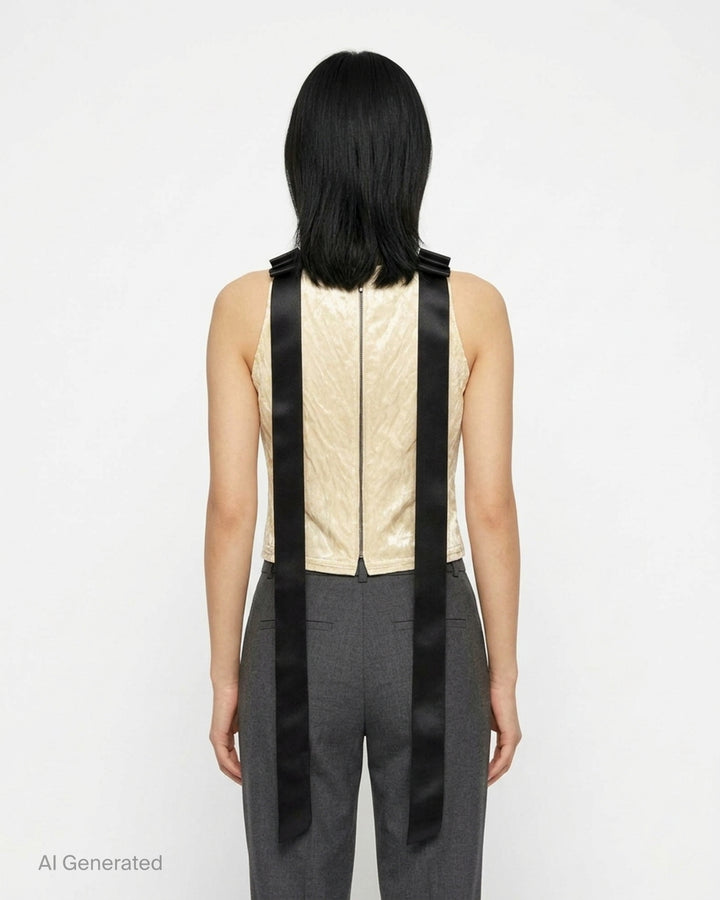 Erdem cream satin sleeveless top with floral crystal embellishment and long black satin ribbon straps at the shoulders - back