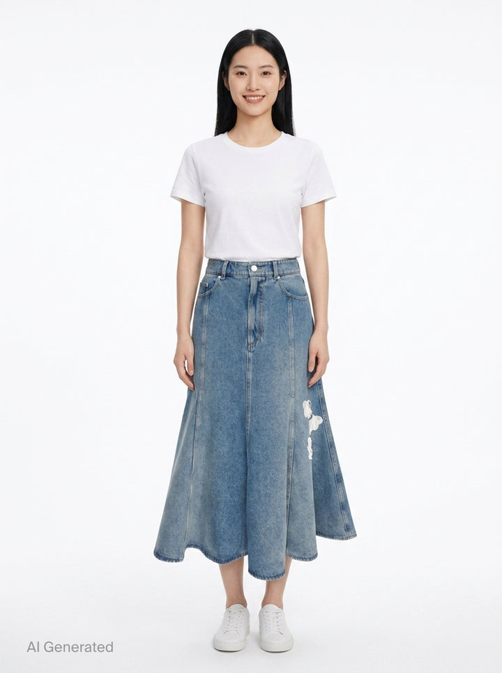 Embroidered Denim Midi Skirt | Erdem | Club21 - front