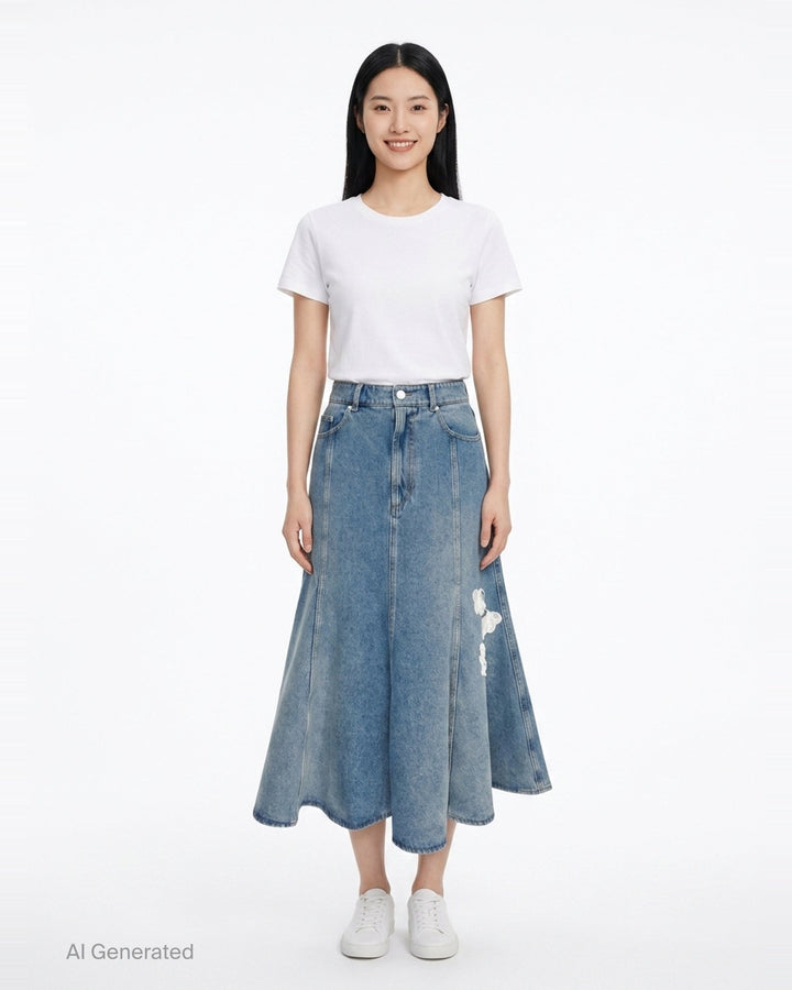 Embroidered Denim Midi Skirt | Erdem | Club21 - front
