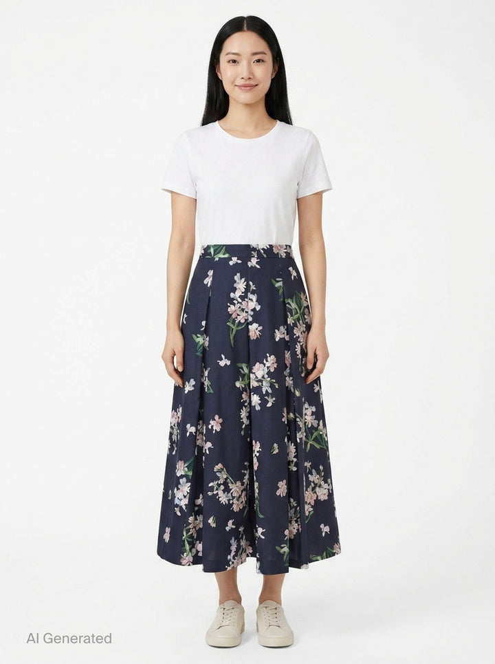 Floral Cotton Midi Pleated Skirt | Erdem | Club21 - front