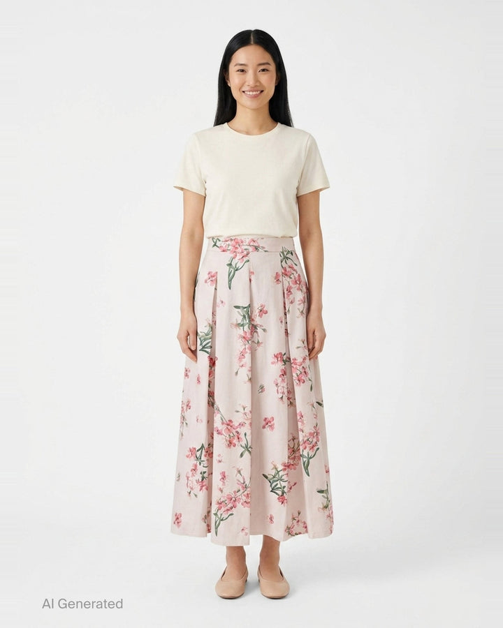 Floral Cotton Midi Pleated Skirt | Erdem | Club21 - front