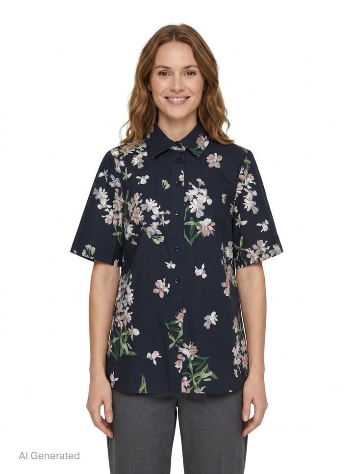 Floral Cotton Short Sleeve Shirt | Erdem | Club21 - front