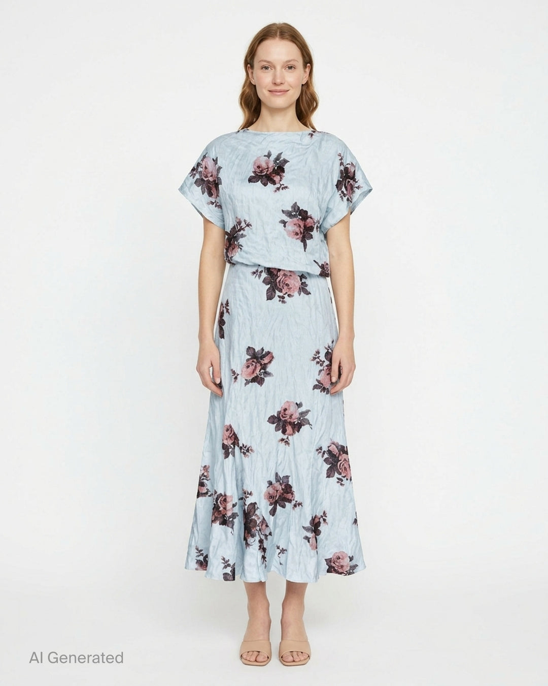 Erdem short sleeve midi dress in pale blue crinkled fabric with a pink and burgundy rose print, blouson bodice and flared hem - front