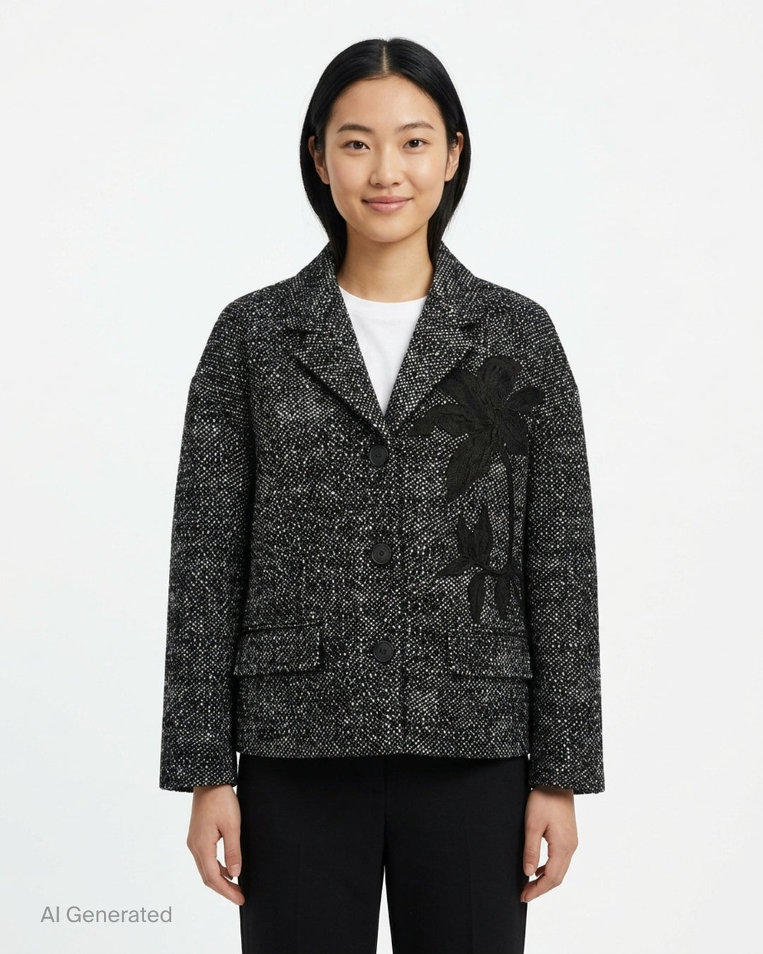 Erdem cropped jacket in salt-and-pepper wool tweed with notched lapels, three black buttons, flap pockets and a black botanical appliqué on the front - front
