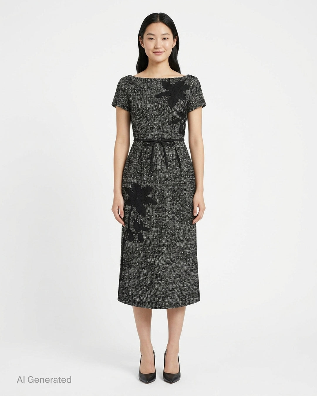 Erdem salt and pepper wool short sleeve midi dress with black floral appliqué, boat neckline and bow belt - front