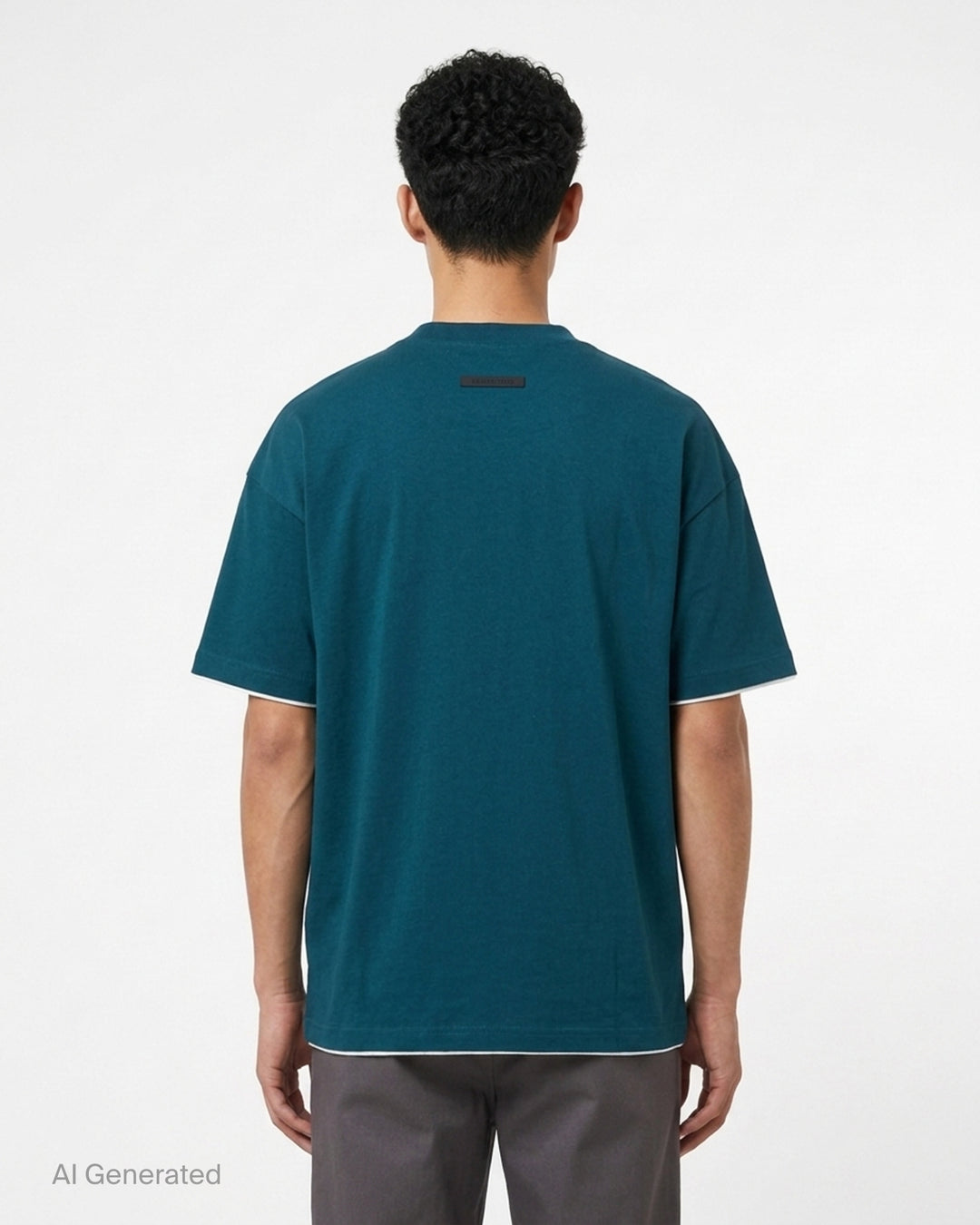 Fear of God ESSENTIALS Classic Double Layer Tee in black with white undertee at the neckline and hem and tonal embroidered logo at the chest - back