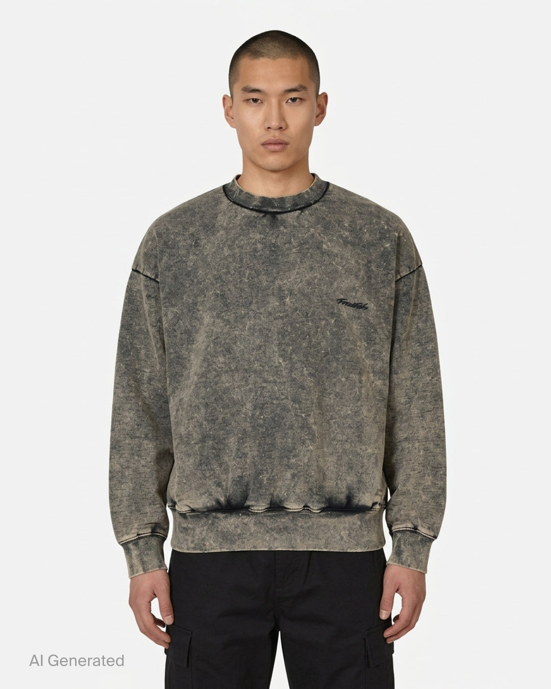 Fear of God Essentials Classic Raglan Hi-Crewneck sweatshirt in washed grey acid-wash finish with embroidered chest logo, front view - front