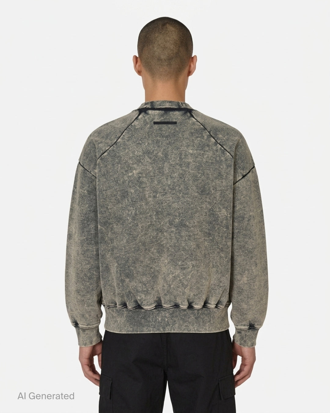 Fear of God Essentials Classic Raglan Hi-Crewneck sweatshirt in washed grey acid-wash finish with embroidered chest logo, front view - back