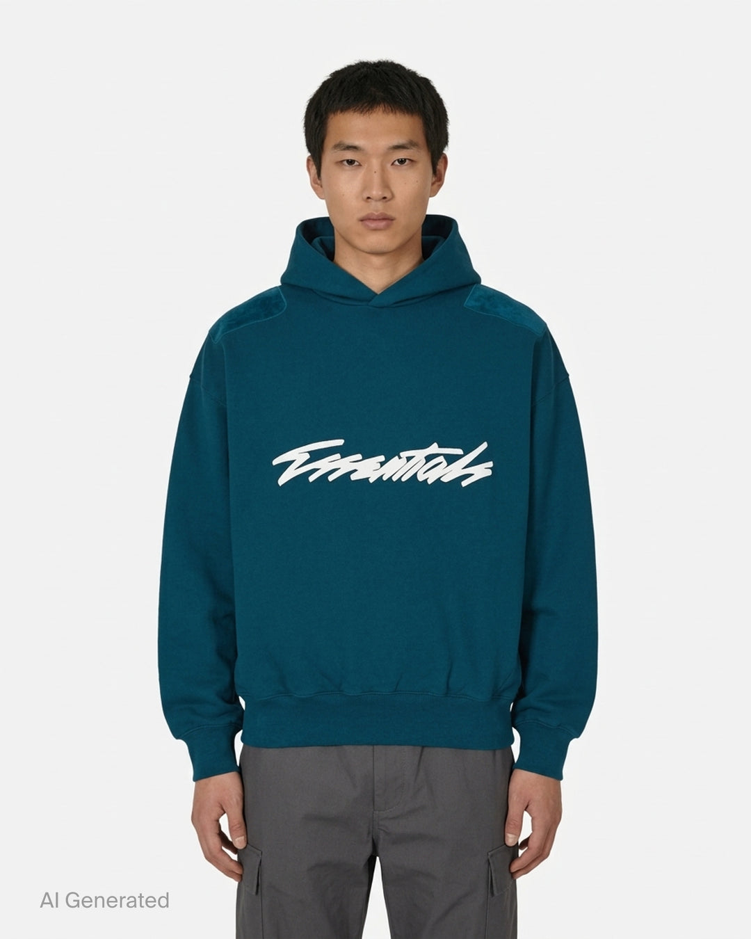 Fear of God Essentials Classic Raglan Hoodie in deep teal with white script logo across the chest and tonal textured shoulder panels - front