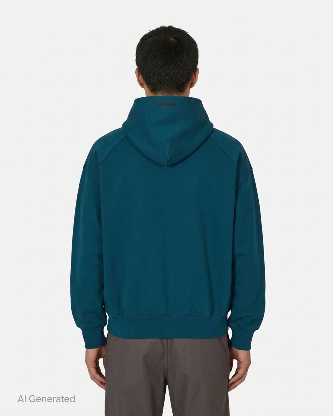 Fear of God Essentials Classic Raglan Hoodie in deep teal with white script logo across the chest and tonal textured shoulder panels - back