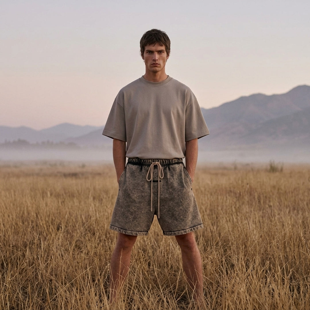 Fear of God Essentials Classic Shorts in a mineral-washed grey finish with beige drawstring waist and rubberised front tab - lifestyle