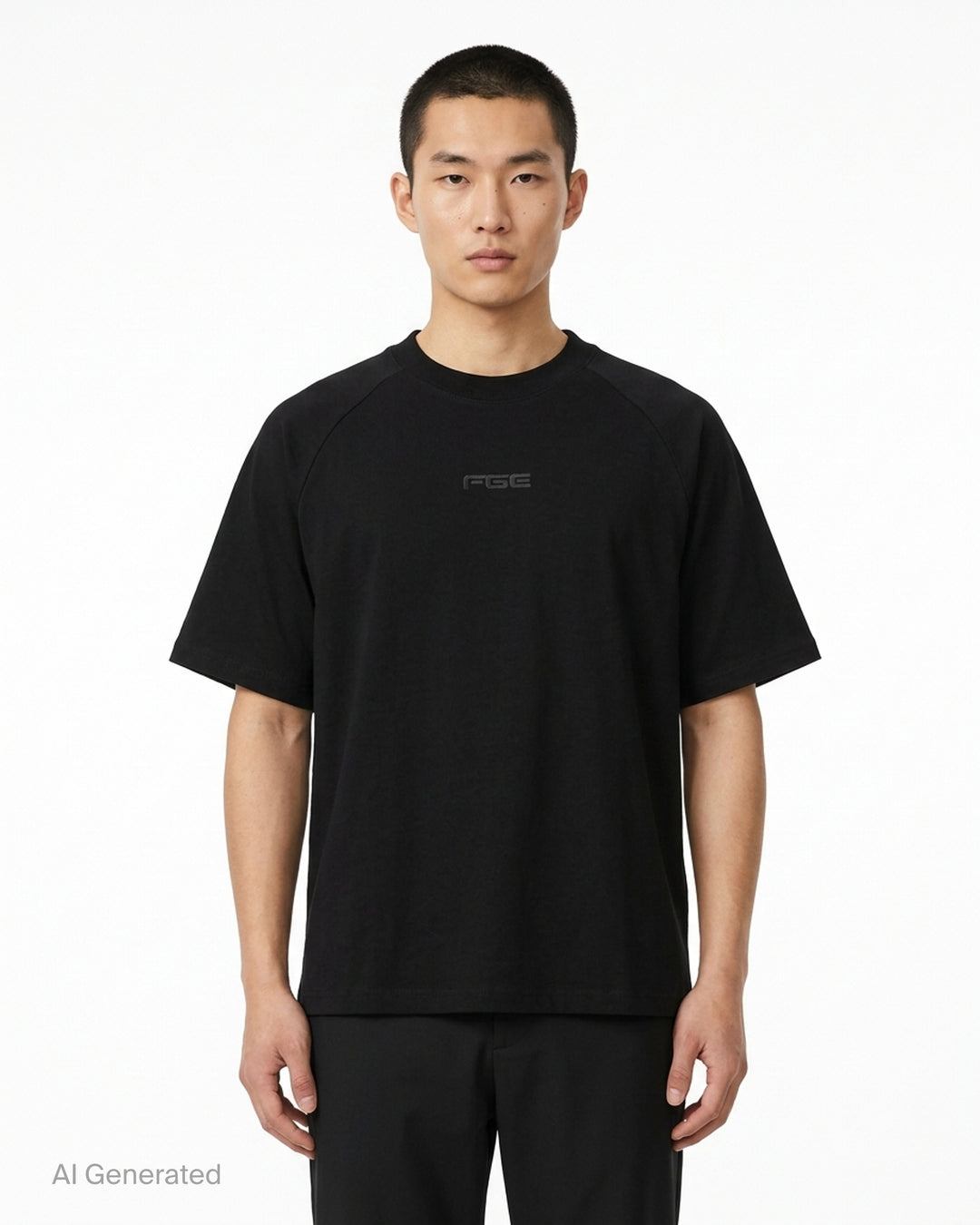 Fear of God Essentials Essential Raglan Tee in black with tonal FGE logo on the chest and ribbed crewneck, shown flat from the front - front