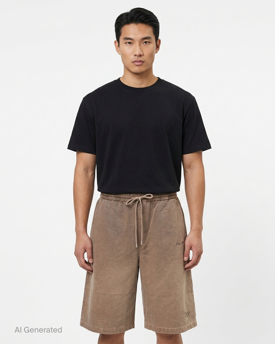 Fear of God Essentials Lounge Drawstring Shorts in garment-washed taupe with elasticated waistband, rope drawstring, and tonal logo embroidery - front