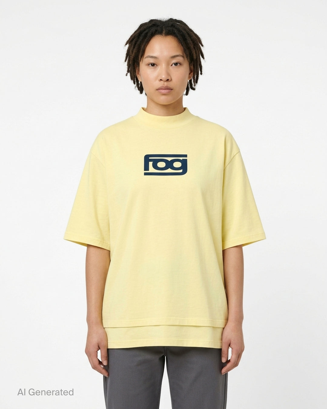 Fear of God ESSENTIALS Panelled Modern Tee in deep teal with a yellow logo graphic at the chest, shown from the front - front