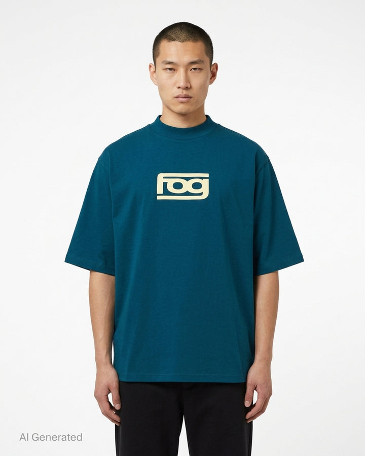 Fear of God ESSENTIALS Panelled Modern Tee in deep teal with a yellow logo graphic at the chest, shown from the front - front