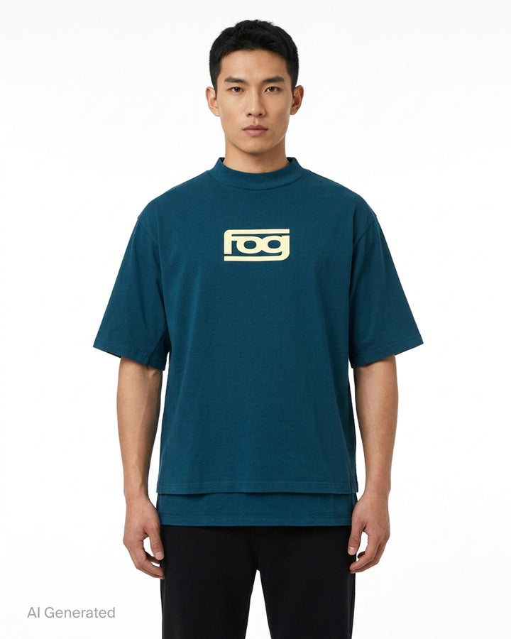 Fear of God ESSENTIALS Panelled Modern Tee in deep teal with a yellow logo graphic at the chest, shown from the front - front