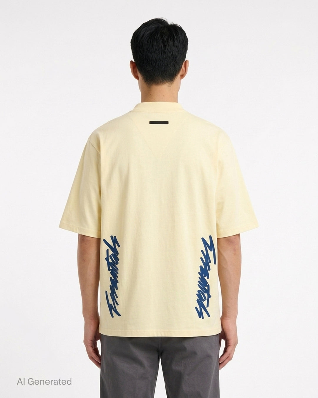 Fear of God ESSENTIALS Panelled Modern Tee in deep teal with a yellow logo graphic at the chest, shown from the front - back